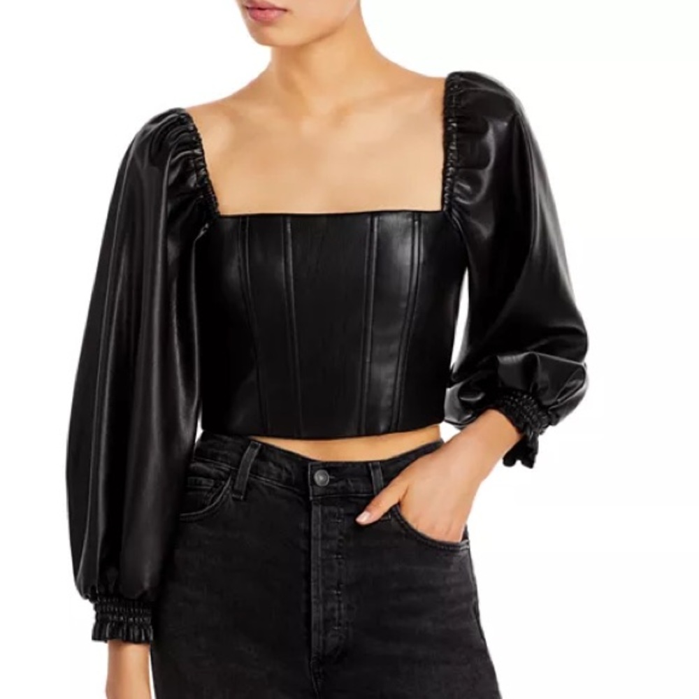 ALICE + OLIVIA Bronte Faux Leather Puff Sleeve Crop Top